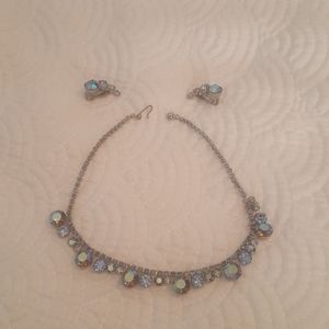 Vintage Choker & Clip on Earrings Set Blue Stones